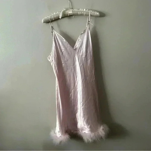 NWOT INBLOOM Hope Marabou-Trim Satin Chemise in pale pink XL - Picture 4 of 9